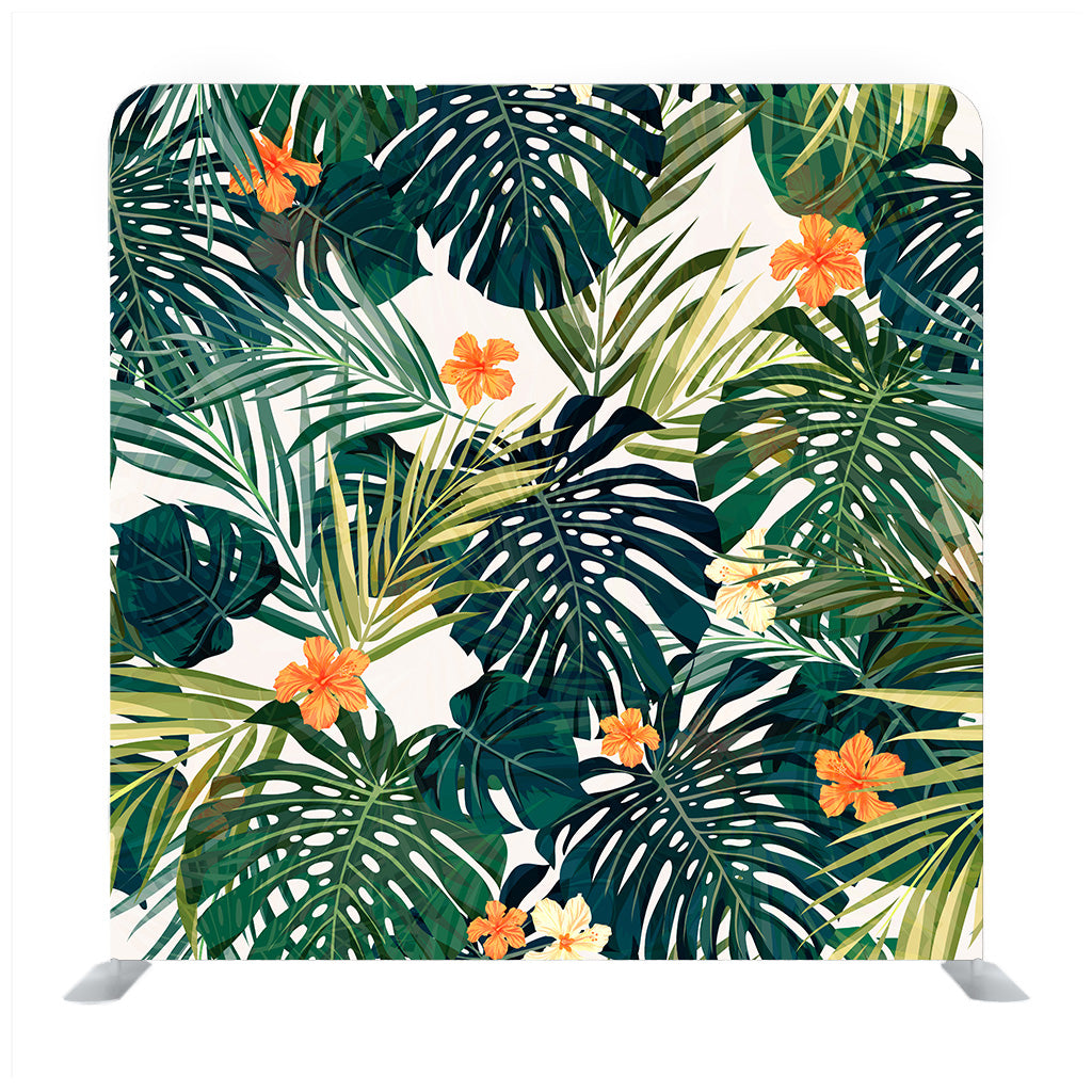 Exotic Tropical Leaves Monsters Palm And Flowers Hibiscus Pattern Vector Seamless White Background Backdrop