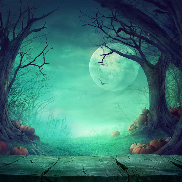 Spooky Forest with Dead Trees & Pumpkins Grungy White Concrete Wall Background - Backdropsource