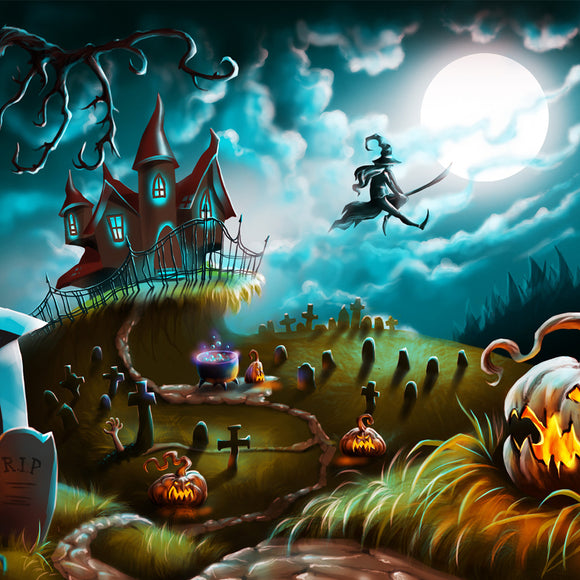 Halloween Night Mystery Graveyard Illustration Backdrop - Backdropsource