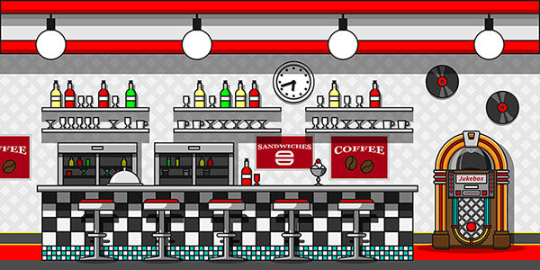 Retro Cafe Interior Flat Line Illustration Backdrop - Backdropsource