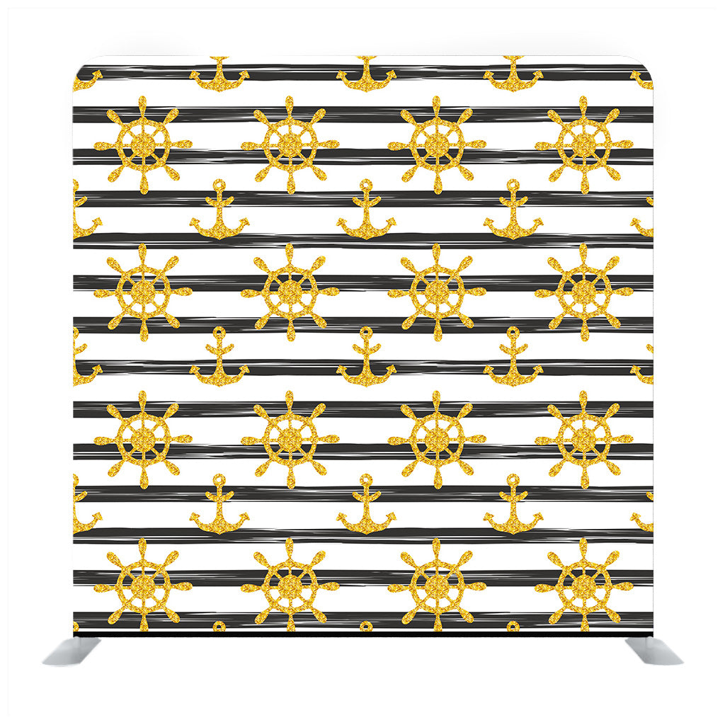 Seamless Nautical Pattern With Glittering Golden Anchors And Ship Wheels On White Black Striped Background. Media Wall