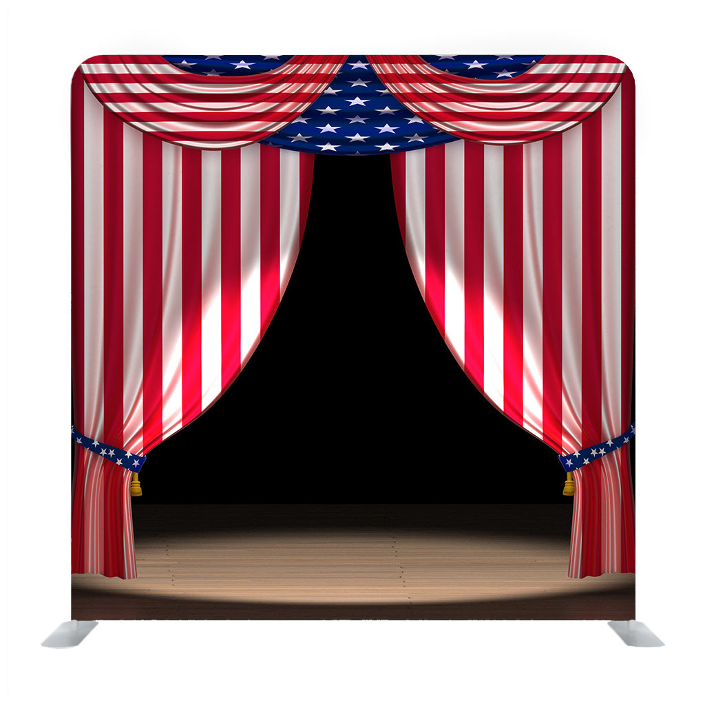Three Dimensional Render Of Theater Curtains In The Colors Of The USA Flag With A Spotlight On Stage Background Media Wall - Backdropsource