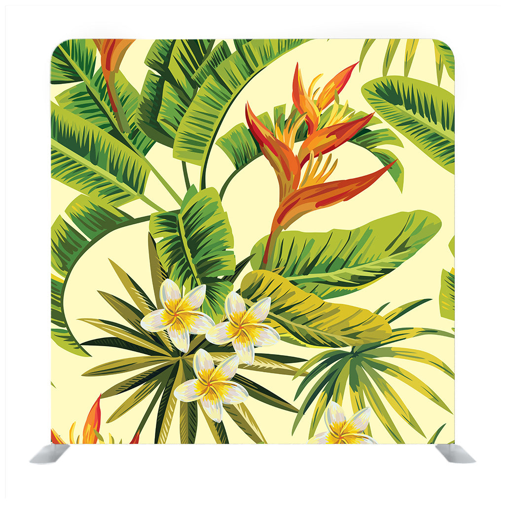 Tropical Exotic Plumeria Flowers And Plants With Green Leaves Of Palm On A Yellow Background Backdrop